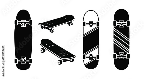 Four skateboard designs in a minimalist black silhouette