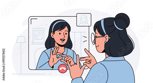 Two women communicate via video call using sign language, one in a frame