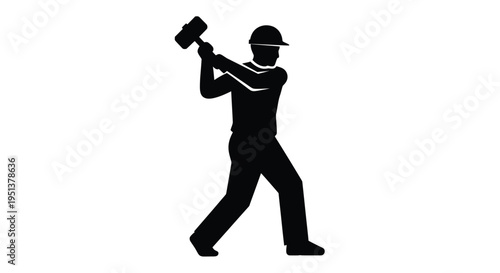 Construction worker swinging a hammer depicted in a striking silhouette
