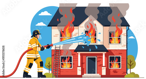 Firefighter extinguishes blazing house fire with water hose, smoke billowing from roof