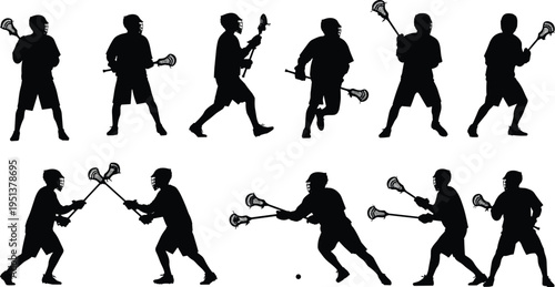 Lacrosse player silhouette set featuring athletes in action poses with sticks and helmets for sports competition design, team gaming, and recreation.