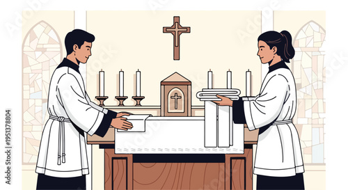 Two individuals in ceremonial robes prepare an altar in a church interior