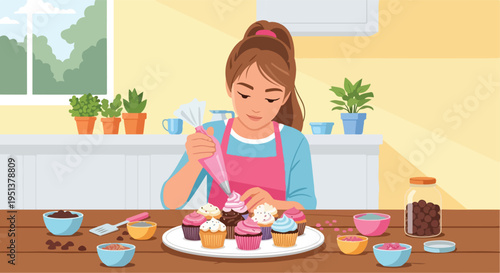 Person decorating cupcakes in a kitchen with plants and window view