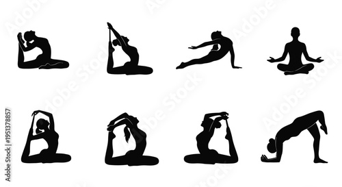Various yoga poses depicted as black shapes a striking silhouette
