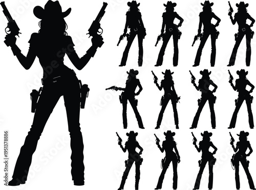 Cowgirl silhouettes with guns, Western style, cowboy hat, boots, revolvers, wild west character, action poses, vintage design, adventure, outlaw