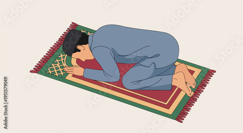 A person in a prayer rug bows head in devotion on plain background