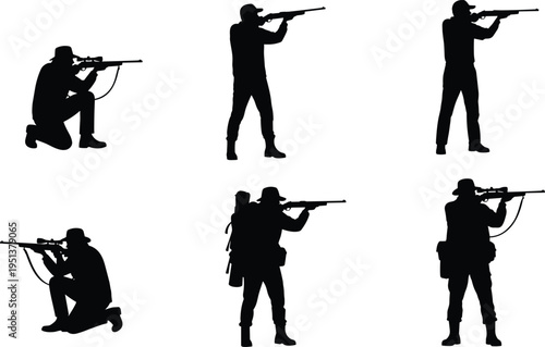 Hunter silhouette set, man with rifle shooting and aiming poses, hunting season outdoor activity, cad drawing flat vector illustration, isolated.