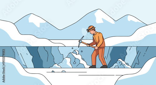 A miner in orange attire uses a pickaxe to chip away at ice formations