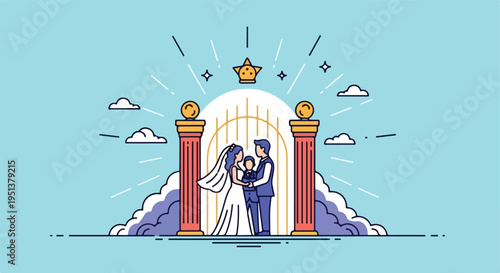 Stylized illustration of a newlywed couple holding a child, framed by ornate columns