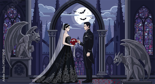 Gothic wedding ceremony under a full moon with gargoyles and stained glass