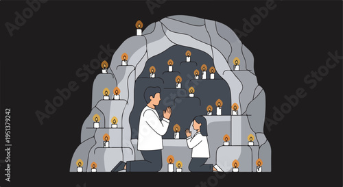 A father and child pray by candlelight in a cavernous, rocky sanctuary