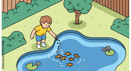 Child feeding fish in a garden pond with lily pads and trees