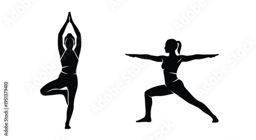 Two women practicing yoga poses a striking black silhouette