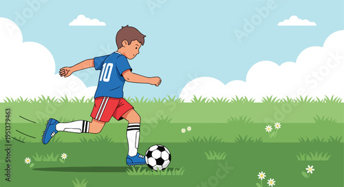 A young boy in a blue jersey with number 10 kicks a soccer ball on a green grassy field