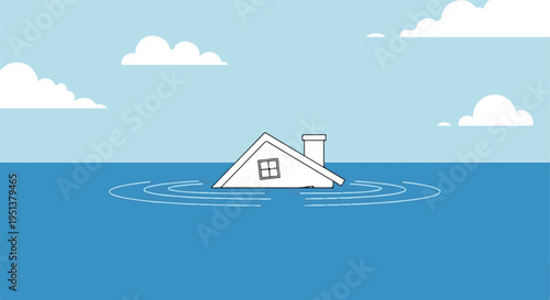 House partially submerged in water with ripple effect and clouds in the sky