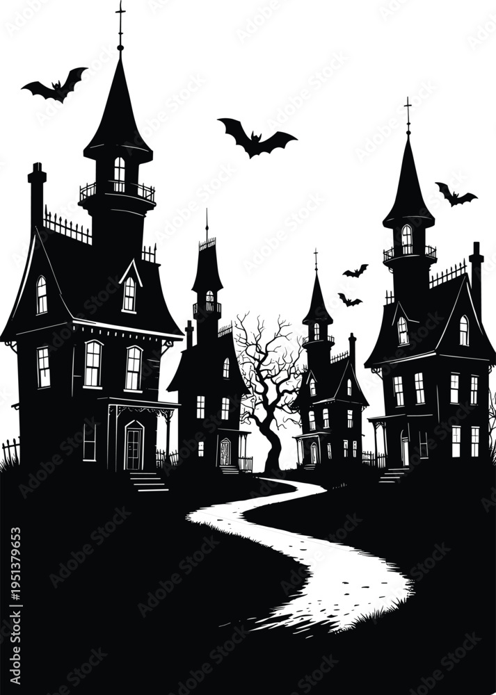 Obraz premium Haunted house silhouette, spooky village, gothic architecture, bats flying, twisted tree, Halloween illustration, eerie path, horror theme, dark night, scary atmosphere