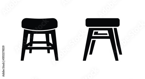 Two black stools with differing designs presented as a stark silhouette