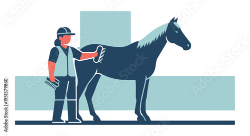 Stylized graphic of a person grooming a horse with brushes, flat design