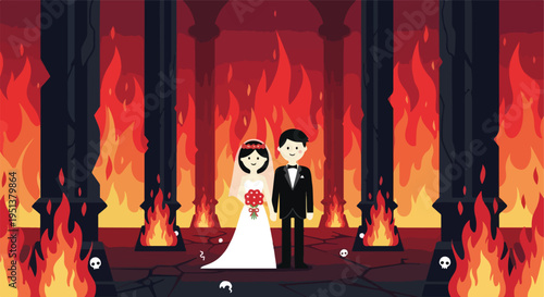 A bride and groom stand before a fiery backdrop with large, dark pillars