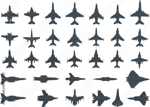 Military jet silhouettes collection, aircraft top view, fighter planes, bombers, reconnaissance jets, aviation design, aerospace study, war, defense, security