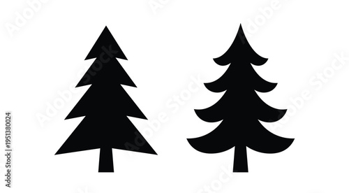 Two dark evergreen trees are depicted in a stark flat silhouette
