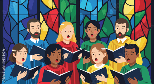 Diverse group of people singing together in front of a stained glass window
