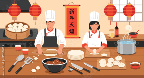 Two chefs prepare dumplings in a kitchen decorated with lanterns for a celebration