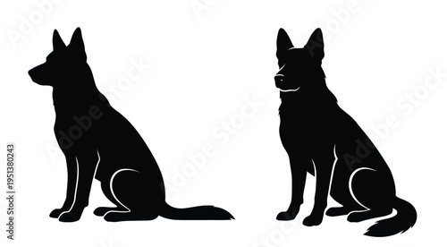 Two german shepherd dogs are depicted in a striking black silhouette