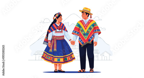 Couple in traditional attire holding hands against a scenic mountainous backdrop
