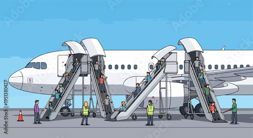 Diverse group of people disembarking from an airplane via mobile stairs