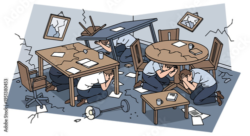 Office workers take cover under desks during an earthquake, causing chaos