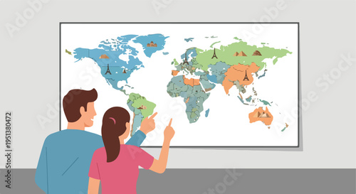 A couple points at a colorful world map with landmark icons and country borders