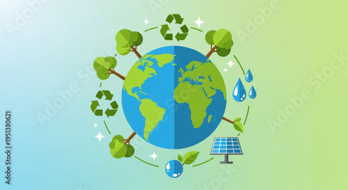 Earth surrounded by green leaves recycling symbols and eco friendly icons on a gradient background representing environmental conservation