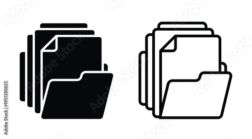 Two stacks of open file folders depicted in a dark outline silhouette