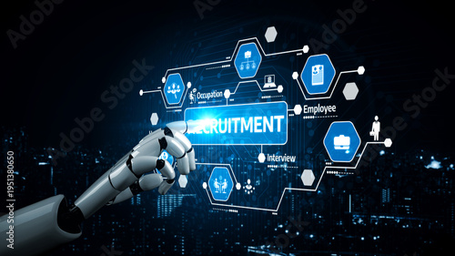 Wallpaper Mural A robotic hand interacts with a digital interface showcasing recruitment processes, emphasizing technology in employee selection and innovative hiring strategies. Tessel Torontodigital.ca