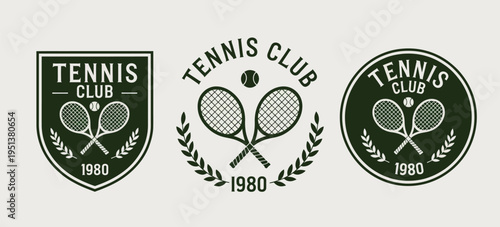 Tennis club logo set, rackets and ball, active lifestyle, leisure and sports, competition, tournament, league, championship, tennis club emblem, sports branding, flat vector illustration 