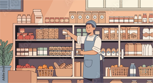 Friendly shopkeeper organizing shelves stocked with various food items