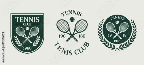Tennis logos vector set, rackets and tennis ball icons, active lifestyle, sports and leisure, competition, tournament, league, championship, club branding, flat vector illustrations 
