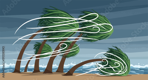 Tropical storm batters palm trees on a sandy beach with turbulent ocean waves