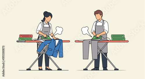 Two people ironing clothes on ironing boards with stacks of folded clothes nearby