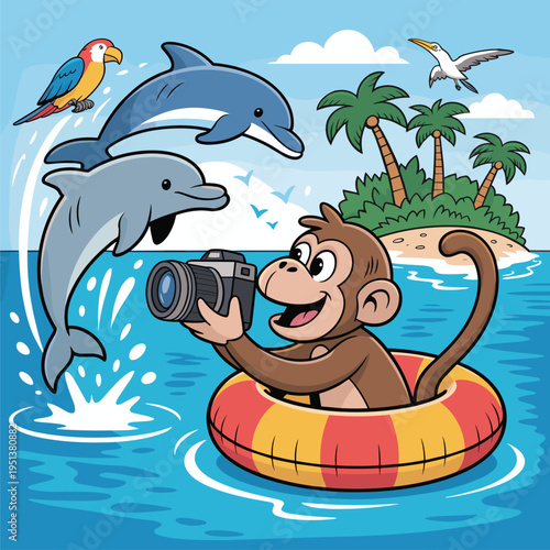 Monkey with Camera Photographs Dolphins and Tropical Island in OceanStock Illustration