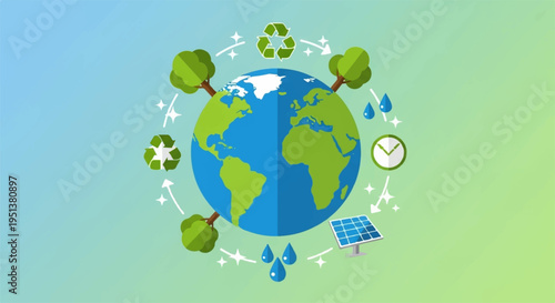 Earth surrounded by eco friendly symbols recycling icons and solar panel on green blue gradient background representing environmental conservation