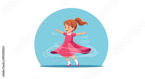 Young girl in a pink dress joyfully twirling and spinning in a blue circular background