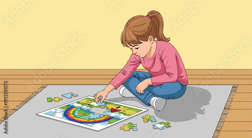 Young girl focuses intently as she places a puzzle piece on a colorful puzzle