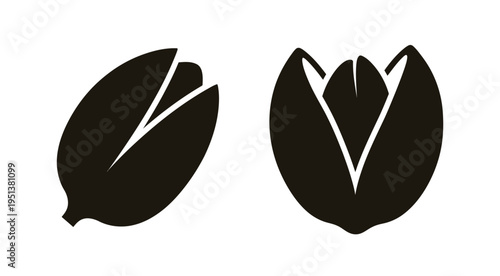 Two pistachio nuts depicted in a striking black silhouette