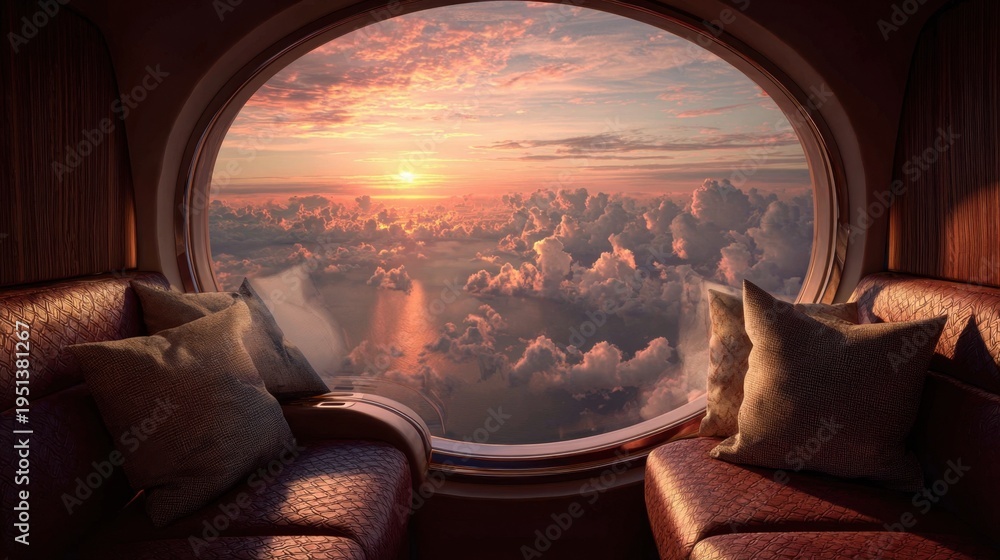 Fototapeta premium Plane window seating overlooking sunset clouds above horizon