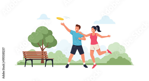 Two active people enjoying a sunny day playing frisbee in a park with a bench
