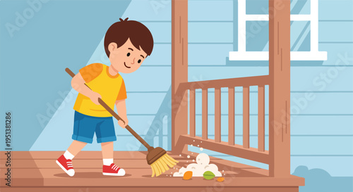 Boy cheerfully sweeps debris from porch, collecting fruit and foam