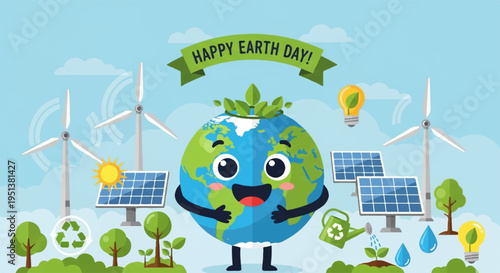 Happy earth day cartoon globe with solar panels and wind turbines in a green landscape