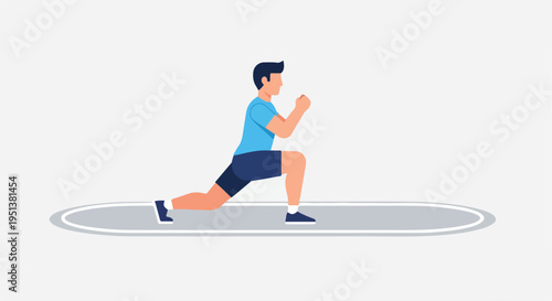 Man in blue shirt and shorts performs a lunge exercise in a gray oval area